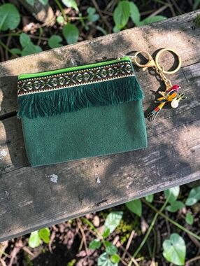 Embroidered Green Fringe Zip Pouch with Parrot Bag Charm / Keychain